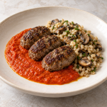 Beef Kofta, Mushroom–Barley Ragout and Pepper Coulis - Fresh Start 30: A Journey To Better Health Beef Kofta, Mushroom–Barley Ragout and Pepper Coulis